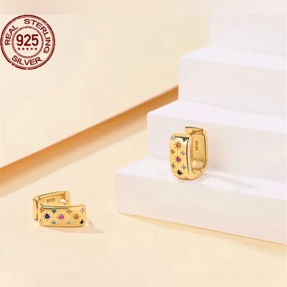 Gold S925 Silver Celestial Star Pattern Huggie Ho… - image 5